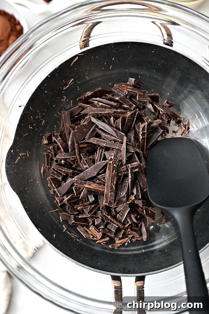 Homemade No-Churn Chocolate Ice Cream Recipe 6 chopped chocolate in bowl over saucepan